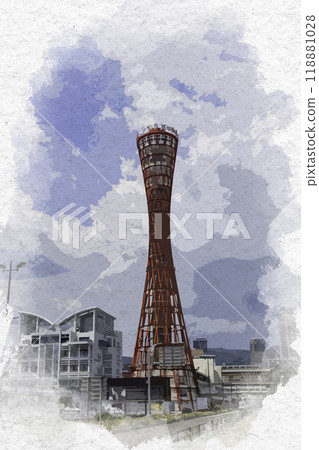 水彩風格神戶 神戶港塔 兵庫縣神戶市 118881028