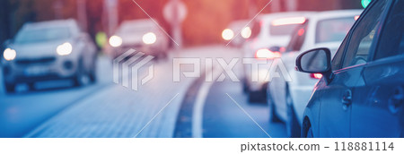 Cars standing in the row on the urban asphalt road. 118881114
