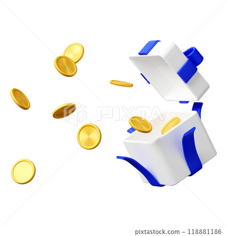 3DCG | Many coins and medals pop out of a white gift box with a blue ribbon 3DCG | Many coins and medals pop out of a white gift box with a blue ribbon 118881186