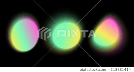 Set of burred color circle gradient noise gradation. Abstract colorful watercolor blur mesh shape on black background. Gradient aura, grain neon blob with noise effect. eps10 vector illustration. 118881414