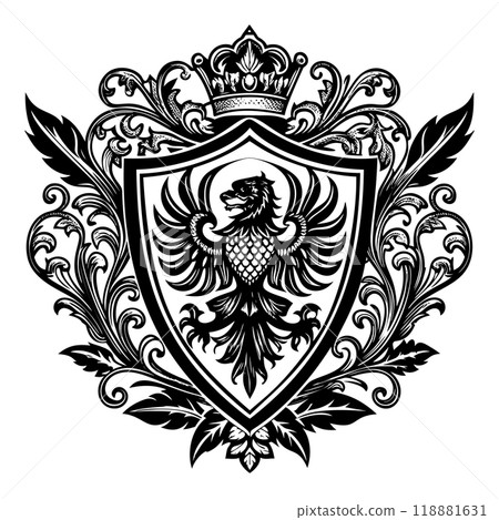 Heraldic shield with royal floral ornament. Vintage crest sign or coat of arms 118881631