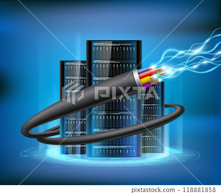 Electrical or internet wires or cables around computer servers 118881858
