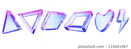 3D glass abstract figure set, futuristic geometric object icon, acrylic gradient square, triangle.  118881967