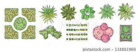 Watercolor bush icon set top view, hand drawn flower bed vector green architecture map design kit.  118881969