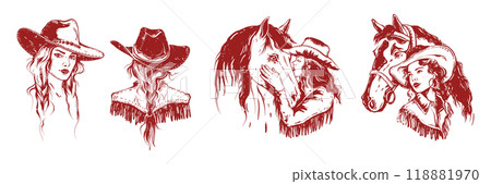 Cowgirl engraving portrait set, vector hand drawn western woman face, grunge Texas female character. Cowgirl engraving portrait set, vector hand drawn western woman face, grunge Texas female character. 118881970
