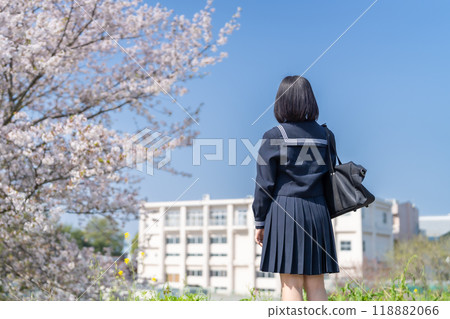 The backs of high school students looking towards the future 118882066