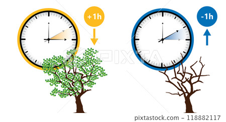summer time and winter time concept with clock and tree vector illustration EPS10 summer time and winter time concept with clock and tree vector illustration EPS10 118882117