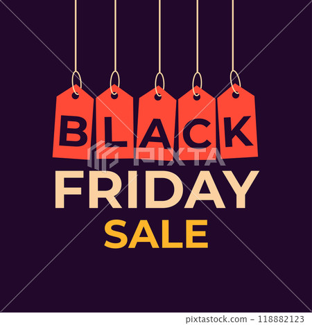 Black Friday sale background with red sale tags. For art template design, poster, banner and brochure, print, flyer. Vector illustration 118882123