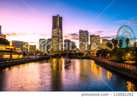 Yokohama cityscape in Japan in October. View of the Minato Mirai area, including the Yokohama Landmark Tower and the Ferris wheel. (1st) Yokohama cityscape in Japan in October. View of the Minato Mirai area, including the Yokohama Landmark Tower and the Ferris wheel. (1st) 118882262