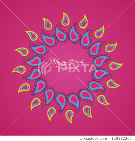 Happy Diwali Festival of Lights India Celebration colorful template. Graphic banner design of Indian Diya Oil Lamps Mandala, paper cut border frame design. Vector festive isolated purple background Happy Diwali Festival of Lights India Celebration colorful template. Graphic banner design of Indian Diya Oil Lamps Mandala, paper cut border frame design. Vector festive isolated purple background 118882263