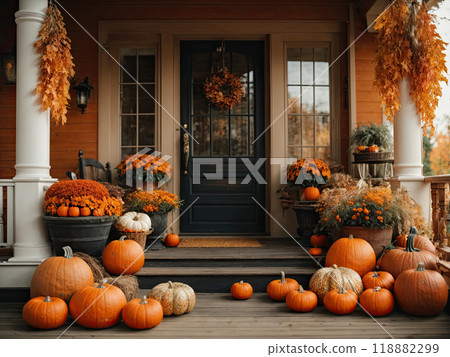 Autumn decor on the porch of the house made of pumpkins in baskets, garlands. Harvest Festival, Halloween. AI generated 118882299
