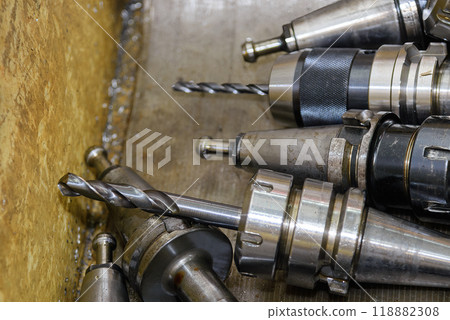The group of drill tool with holder in the container box. The group of drill tool with holder in the container box. 118882308
