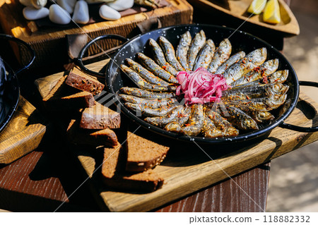 Delicious seafood assortment featuring grilled fish, sardines, oysters. Perfect for gourmet dinner 118882332