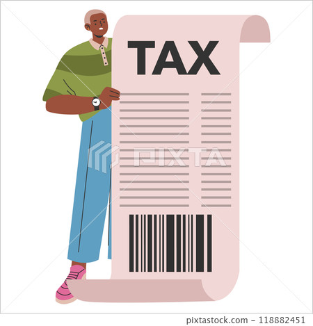 Young businessman reviewing tax document. Financial literacy and personal tax management concept. Modern and casual professional. Vector illustration. 118882451