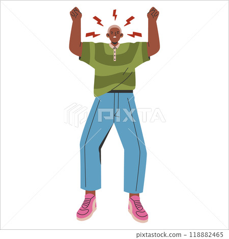 Young businessman concept. Dynamic male entrepreneur celebrating success with a triumphant gesture. Career achievement and satisfaction. Vector illustration. 118882465