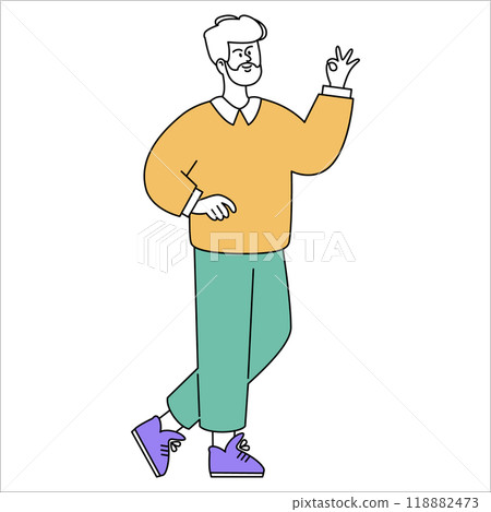Confident businessman gesturing okay sign. Professional male in casual attire showing approval or success gesture. Vector illustration. Confident businessman gesturing okay sign. Professional male in casual attire showing approval or success gesture. Vector illustration. 118882473