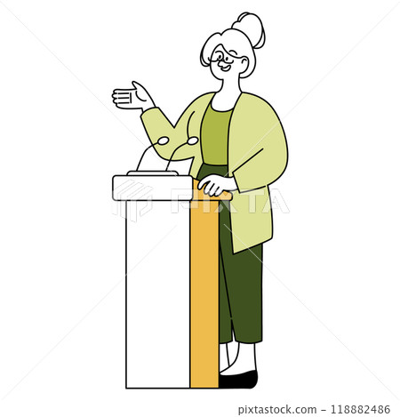 Experienced businesswoman giving a presentation. Professional female leader addressing an audience. Corporate communication and leadership. Vector illustration. 118882486