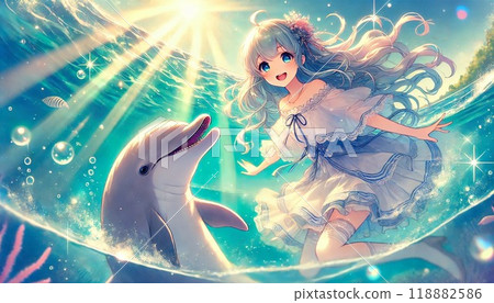 女孩在波光粼粼的大海中與海豚玩耍 118882586