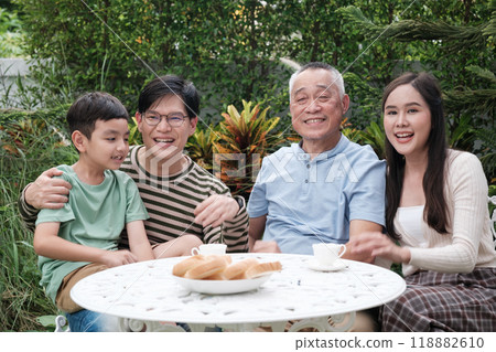 Happy Asian family Grand parent father mother and kid spending time in vacation Happy Asian family Grand parent father mother and kid spending time in vacation 118882610