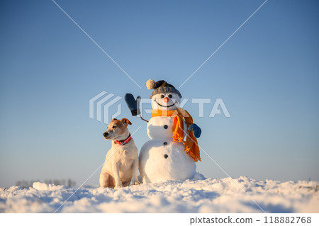 Smiley snowman in yellow scarf with jack russel terrier Smiley snowman in yellow scarf with jack russel terrier 118882768