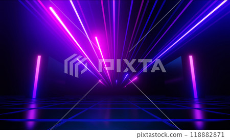3d Render, Speed light trails or neon fast lines on dark background with light reflection on floor, abstract technology and futuristic. 3d Render, Speed light trails or neon fast lines on dark background with light reflection on floor, abstract technology and futuristic. 118882871