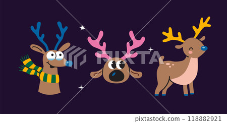 Cool Christmas deers set, bright colors, modern style. Trendy vector illustration isolated on white background, hand drawn, flat design 118882921