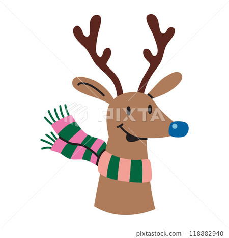 Cute Christmas deer with striped scarf. Trendy modern vector illustration isolated on white background, hand drawn, flat design Cute Christmas deer with striped scarf. Trendy modern vector illustration isolated on white background, hand drawn, flat design 118882940