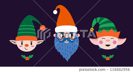 Cute Santa Claus head in red hat and two elf in green caps. Trendy modern vector illustration, hand drawn, flat design 118882956