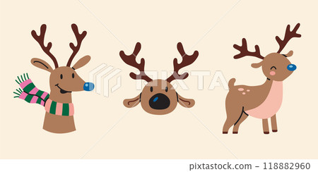 Cute Christmas deers set. Trendy modern vector illustration isolated on white background, hand drawn, flat design 118882960