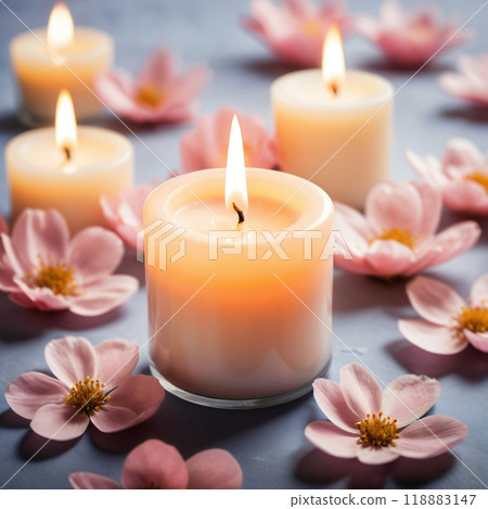 Lit Candles Among Pink Cherry Blossom Petals Lit Candles Among Pink Cherry Blossom Petals 118883147