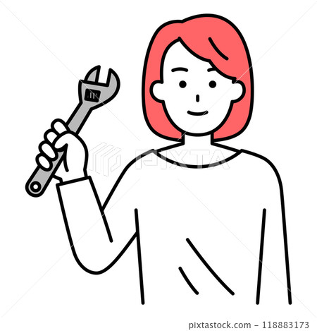 Casual woman holding an adjustable wrench 118883173