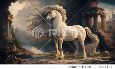 beautiful white baroque horse posing near antic building and river. ancient engraving style. Digital artwork. Ai generated 118883175