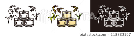 清酒（清酒桶）和米的插圖。日本文化向量圖示。簡單的設計。 118883197