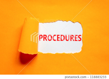 Procedures symbol. Concept word Procedures on beautiful white paper. Beautiful orange paper background. Business procedures concept. Copy space. Procedures symbol. Concept word Procedures on beautiful white paper. Beautiful orange paper background. Business procedures concept. Copy space. 118883233