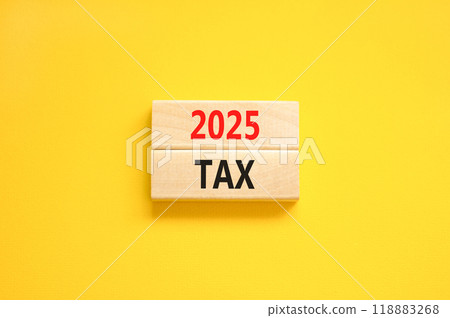 Planning 2025 tax new year symbol. Concept words 2025 Tax on beautiful wooden blocks. Beautiful yellow background. Business 2025 tax new year concept. Copy space. Planning 2025 tax new year symbol. Concept words 2025 Tax on beautiful wooden blocks. Beautiful yellow background. Business 2025 tax new year concept. Copy space. 118883268