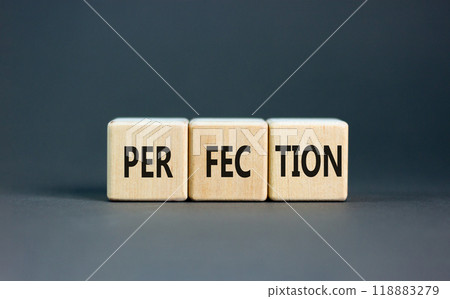 Perfection symbol. Concept word Perfection on beautiful wooden blocks. Beautiful grey background. Business perfection concept. Copy space. Perfection symbol. Concept word Perfection on beautiful wooden blocks. Beautiful grey background. Business perfection concept. Copy space. 118883279