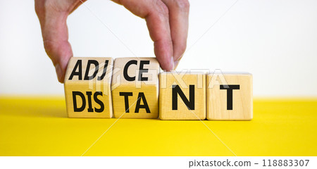 Adjacent or distant symbol. Businessman turns beautiful wooden cubes and changes word Distant to Adjacent. Beautiful yellow table white background. Copy space. Business adjacent or distant concept. 118883307