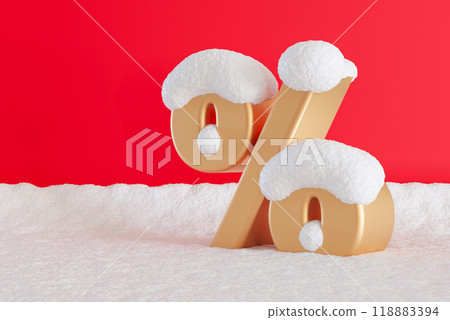 Golden percent sign covered in snow, placed on snowy surface with red background. Winter theme, perfect for promoting seasonal discounts, holiday or Christmas sales in retail or online stores. 3D. 118883394