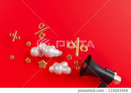 3D rendering of black megaphone with golden percent signs, stars and silver clouds against vibrant red background. Promotions, sales, festive advertising, ideal for holiday marketing, discount events. 3D rendering of black megaphone with golden percent signs, stars and silver clouds against vibrant red background. Promotions, sales, festive advertising, ideal for holiday marketing, discount events. 118883409