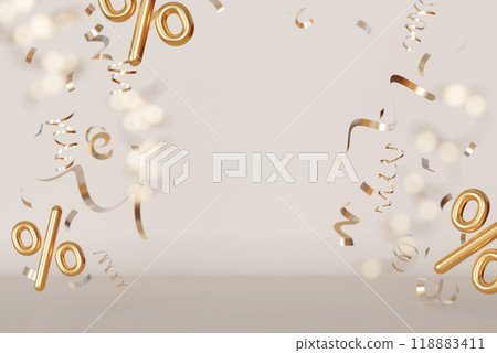 Golden percent signs and curly ribbons floating on beige background, creating festive and celebratory mood. Promotions, discounts, special offers in marketing, advertising. Copy space. 3D render. Golden percent signs and curly ribbons floating on beige background, creating festive and celebratory mood. Promotions, discounts, special offers in marketing, advertising. Copy space. 3D render. 118883411