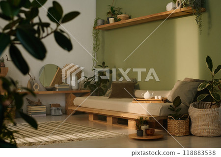 No people shot of part of modern wabi-sabi living room interior in natural colors, decorated with houseplants 118883538