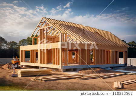 Construct wooden roof beams using trusses frames, rafters, joists AI Generative 118883562