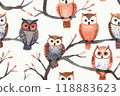 Colorful owl seamless pattern with tree branches on a light background. Generative AI 118883623