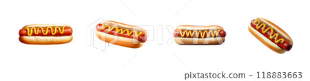 Four classic hot dogs, each topped with a squiggle of mustard, are shown in various orientations, isolated on a transparent background. 118883663