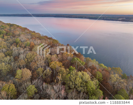 dawn over the Tennessee River near Colbert Ferry Park, Natchez Trace Parkway - late November aerial view dawn over the Tennessee River near Colbert Ferry Park, Natchez Trace Parkway - late November aerial view 118883844