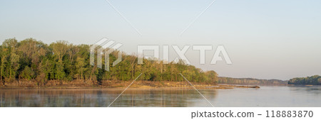 panorama of spring sunrise over the Missouri River at Dalton Bottom 118883870