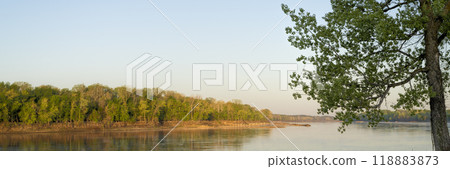 calm spring sunrise over Missouri River at Dalton Bottoms, panorama 118883873