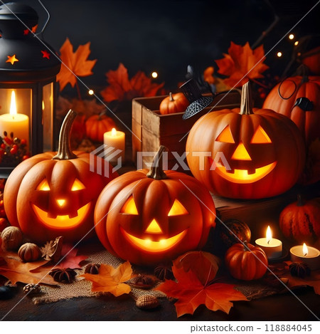 Decorative Halloween pumpkins with carved faces, autumn leaves, and a lantern 118884045