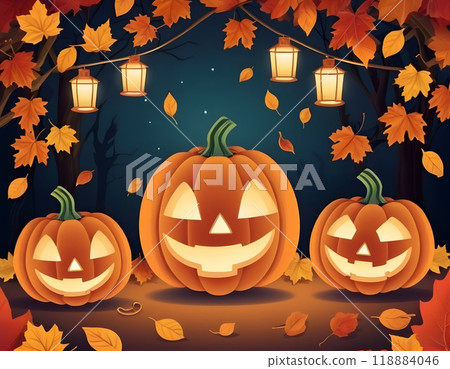 Decorative Halloween pumpkins with carved faces, autumn leaves, and a lantern 118884046