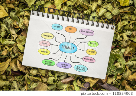 Afterlife concept, beliefs, traditions, and ideas about what happens to an individual's soul or consciousness after death. Infographics mind map sketch. Afterlife concept, beliefs, traditions, and ideas about what happens to an individual's soul or consciousness after death. Infographics mind map sketch. 118884068